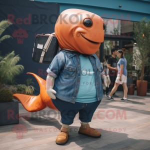 Rust Humpback Whale mascot costume character dressed with a Denim Shorts and Smartwatches