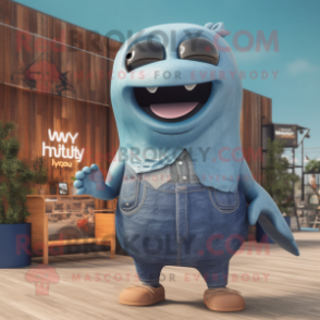 Rust Humpback Whale mascot costume character dressed with a Denim Shorts and Smartwatches