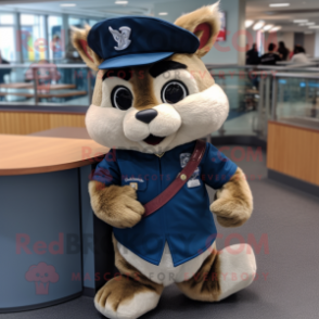 Navy Chipmunk mascot costume character dressed with a Jeans and Hair clips