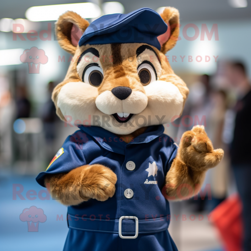 Navy Chipmunk mascot costume character dressed with a Jeans and Hair clips