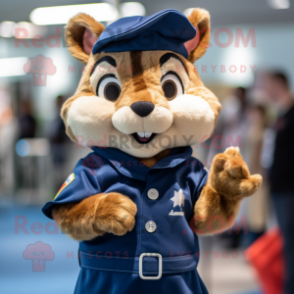 Navy Chipmunk mascot costume character dressed with a Jeans and Hair clips