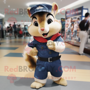 Navy Chipmunk mascot costume character dressed with a Jeans and Hair clips