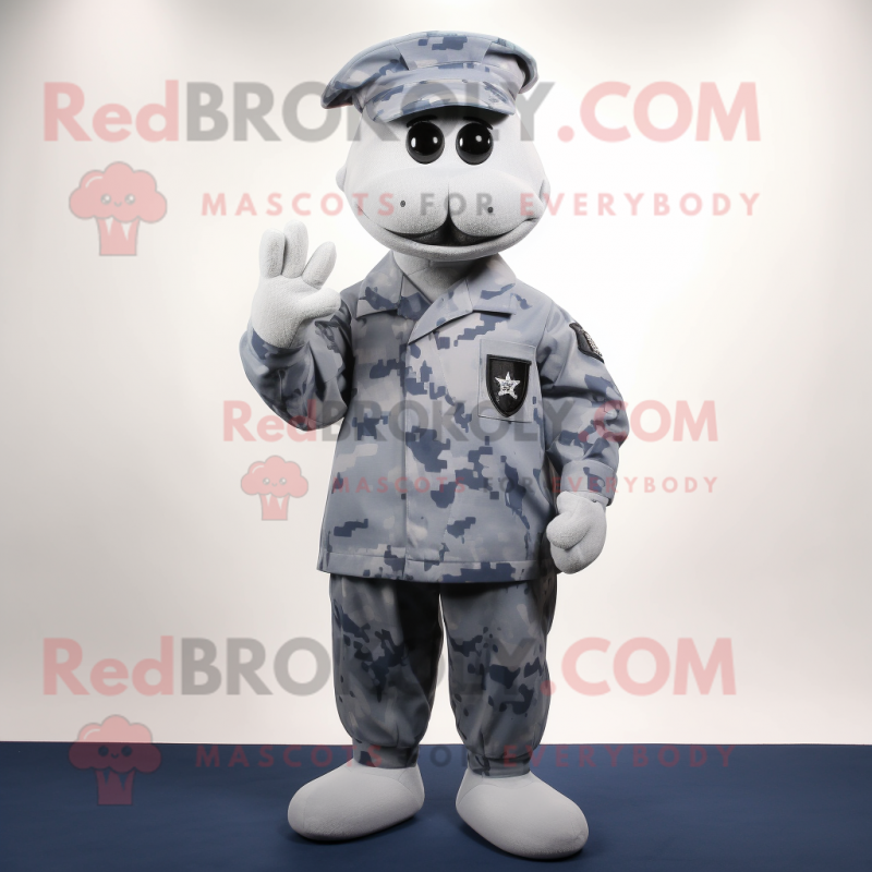 Gray Navy Soldier mascot costume character dressed with a Sweater and Shoe laces Gray Navy Soldier mascot costume character dressed with a Sweater and Shoe laces