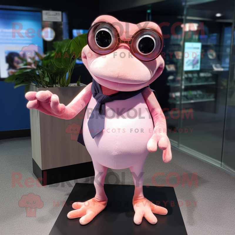 Pink Frog mascot costume character dressed with a Henley Tee and Eyeglasses Pink Frog mascot costume character dressed with a Henley Tee and Eyeglasses