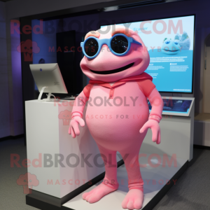 Pink Frog mascot costume character dressed with a Henley Tee and Eyeglasses