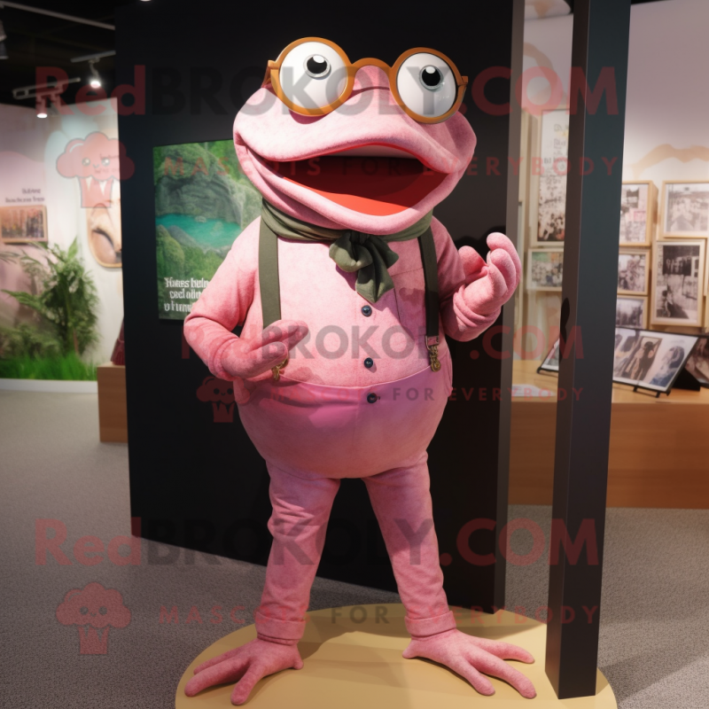 Pink Frog mascot costume character dressed with a Henley Tee and Eyeglasses