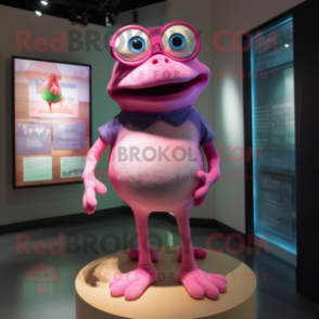 Pink Frog mascot costume character dressed with a Henley Tee and Eyeglasses