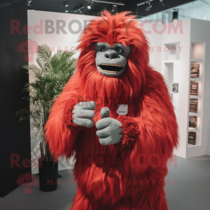 Red Yeti mascot costume character dressed with a Suit Jacket and Earrings
