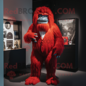 Red Yeti mascot costume character dressed with a Suit Jacket and Earrings