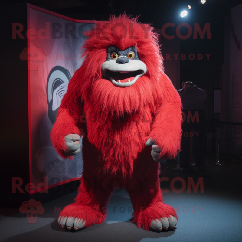 Red Yeti mascot costume character dressed with a Suit Jacket and Earrings