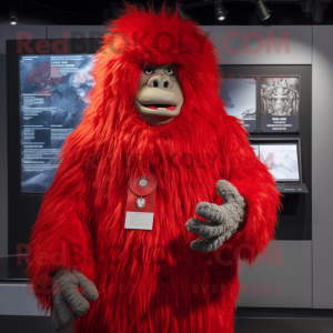 Red Yeti mascot costume character dressed with a Suit Jacket and Earrings