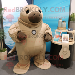 Tan Stellar'S Sea Cow mascot costume character dressed with a Jumpsuit and Coin purses