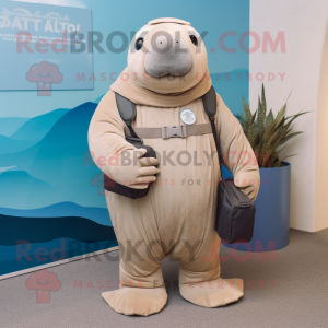 Tan Stellar'S Sea Cow mascot costume character dressed with a Jumpsuit and Coin purses