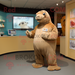 Tan Stellar'S Sea Cow mascot costume character dressed with a Jumpsuit and Coin purses