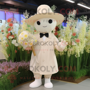 Cream Bouquet Of Flowers mascot costume character dressed with a Dress Shirt and Hats