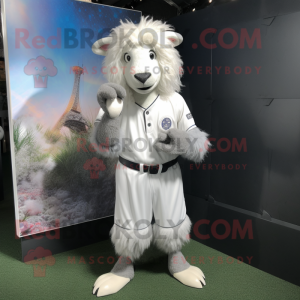 Silver Angora Goat mascot costume character dressed with a Baseball Tee and Brooches