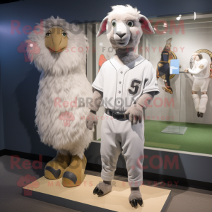 Silver Angora Goat mascot costume character dressed with a Baseball Tee and Brooches