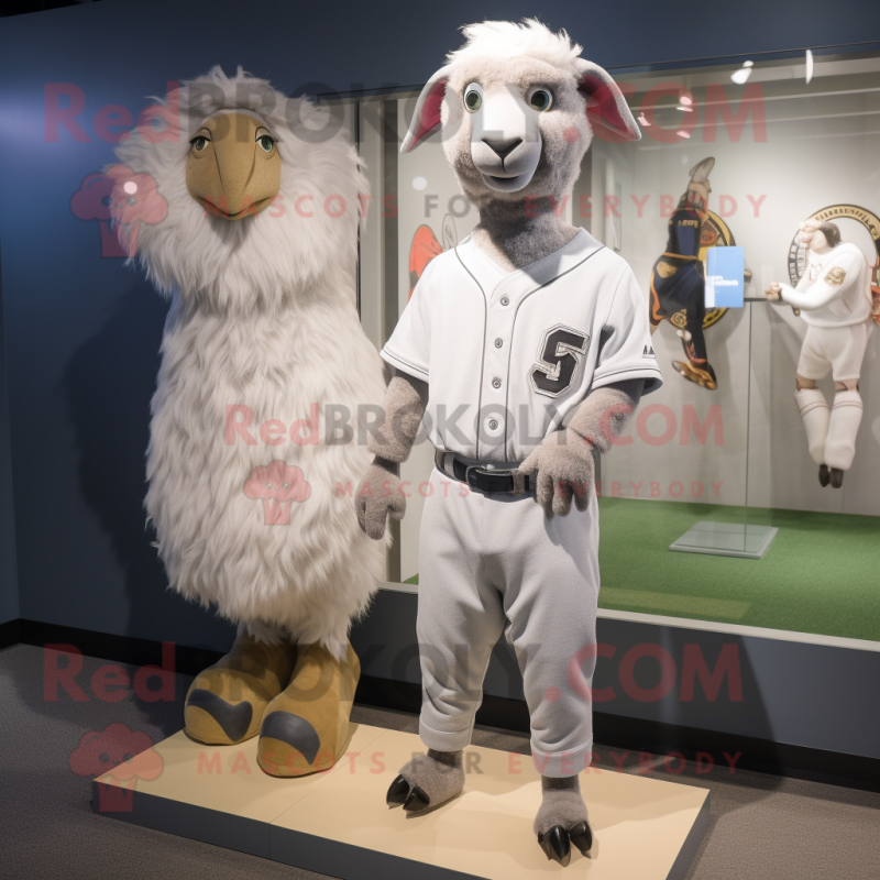 Silver Angora Goat mascot costume character dressed with a Baseball Tee and Brooches Silver Angora Goat mascot costume character dressed with a Baseball Tee and Brooches