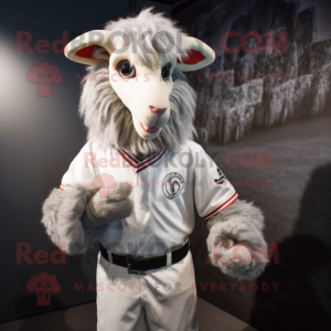 Silver Angora Goat mascot costume character dressed with a Baseball Tee and Brooches