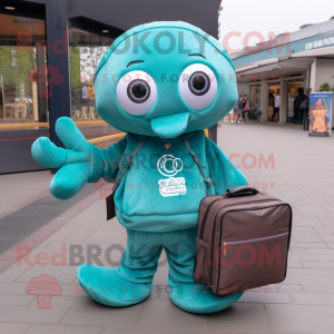Teal Octopus mascot costume character dressed with a Sweatshirt and Wallets