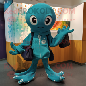 Teal Octopus mascot costume character dressed with a Sweatshirt and Wallets