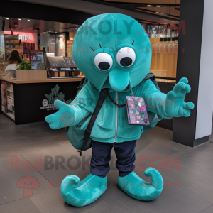 Teal Octopus mascot costume character dressed with a Sweatshirt and Wallets