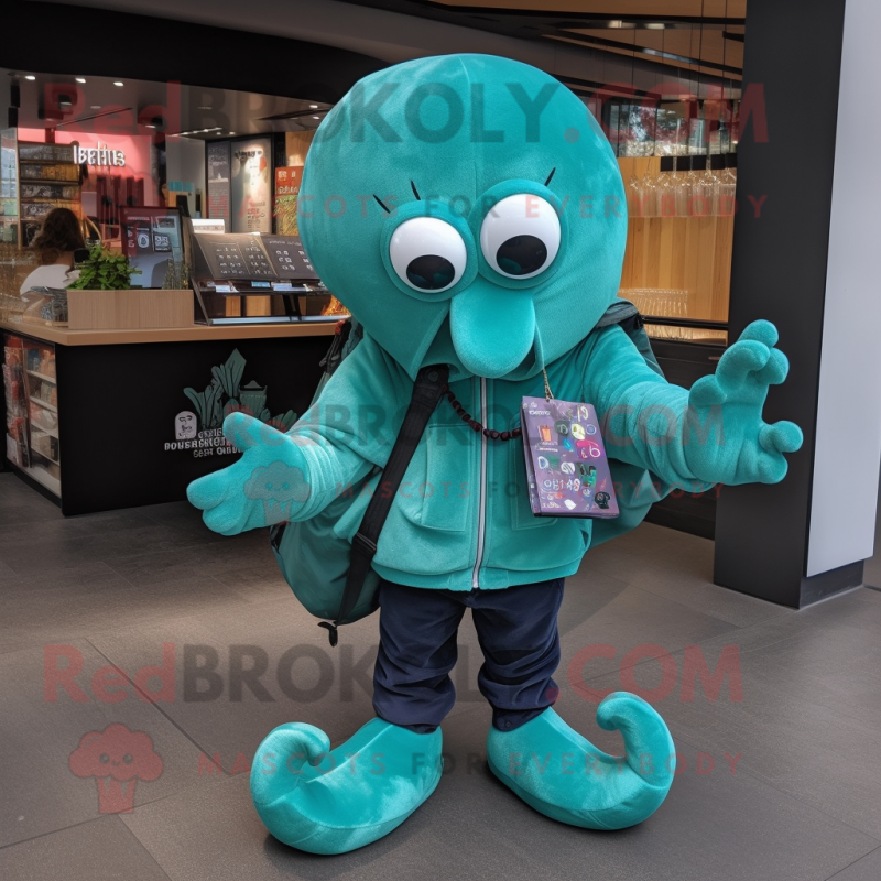 Teal Octopus mascot costume character dressed with a Sweatshirt and Wallets Teal Octopus mascot costume character dressed with a Sweatshirt and Wallets