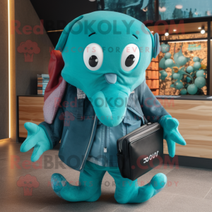 Teal Octopus mascot costume character dressed with a Sweatshirt and Wallets