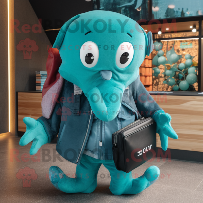 Teal Octopus mascot costume character dressed with a Sweatshirt and Wallets Teal Octopus mascot costume character dressed with a Sweatshirt and Wallets
