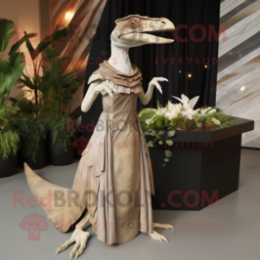 Beige Dimorphodon mascot costume character dressed with a Dress and Rings