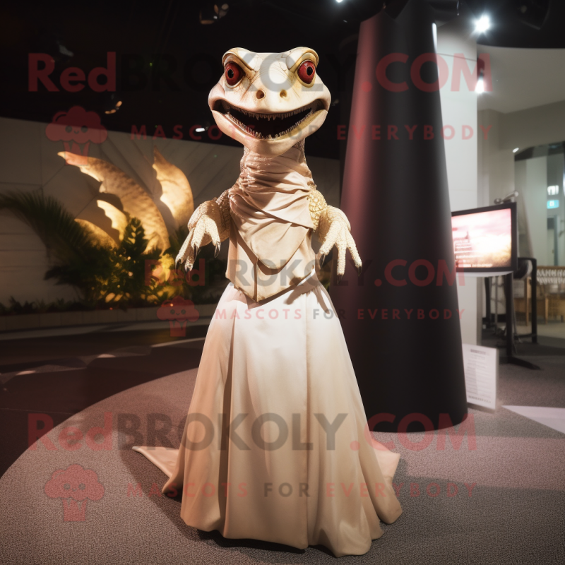 Beige Dimorphodon mascot costume character dressed with a Dress and Rings