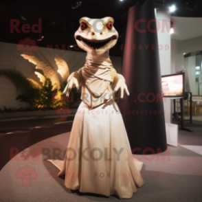 Beige Dimorphodon mascot costume character dressed with a Dress and Rings