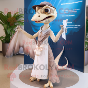 Beige Dimorphodon mascot costume character dressed with a Dress and Rings