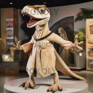 Beige Dimorphodon mascot costume character dressed with a Dress and Rings