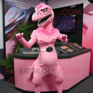 Pink Velociraptor mascot costume character dressed with a Pleated Skirt and Rings