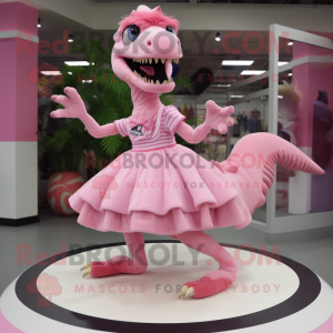 Pink Velociraptor mascot costume character dressed with a Pleated Skirt and Rings
