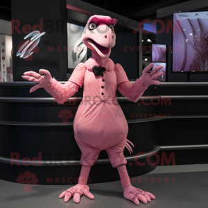 Pink Velociraptor mascot costume character dressed with a Pleated Skirt and Rings