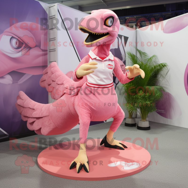 Pink Velociraptor mascot costume character dressed with a Pleated Skirt and Rings