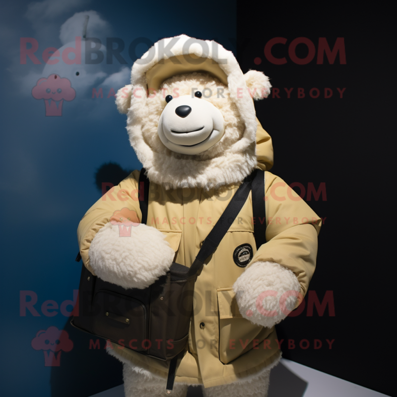 Cream Suffolk Sheep mascot costume character dressed with a Parka and Handbags Cream Suffolk Sheep mascot costume character dressed with a Parka and Handbags