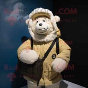 Cream Suffolk Sheep mascot costume character dressed with a Parka and Handbags