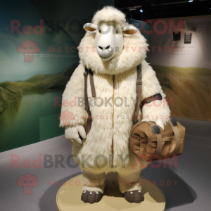 Cream Suffolk Sheep mascot costume character dressed with a Parka and Handbags