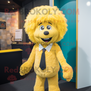 Yellow Shepard'S Pie mascot costume character dressed with a Suit Pants and Brooches