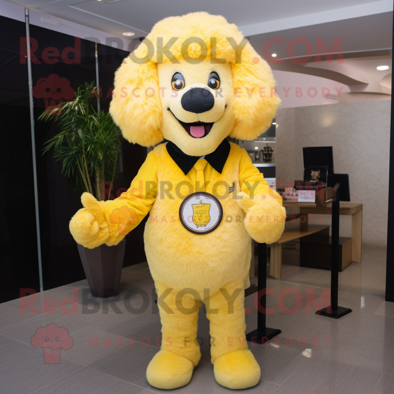 Yellow Shepard'S Pie mascot costume character dressed with a Suit Pants and Brooches