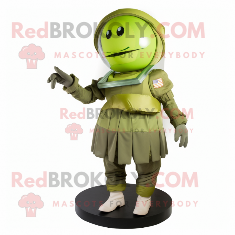 Olive Astronaut mascot costume character dressed with a Pleated Skirt and Anklets