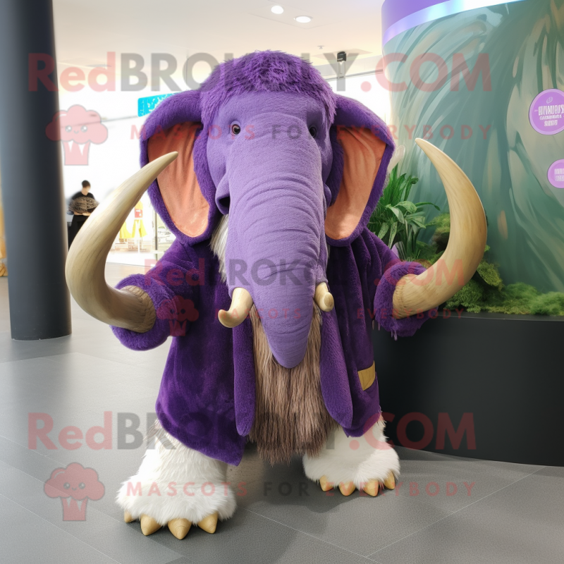 Purple Mammoth mascot costume character dressed with a Capri Pants and Shawls Purple Mammoth mascot costume character dressed with a Capri Pants and Shawls
