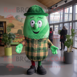 Green Zucchini mascot costume character dressed with a Flannel Shirt and Berets