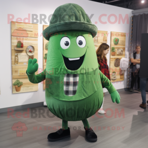 Green Zucchini mascot costume character dressed with a Flannel Shirt and Berets