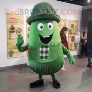 Green Zucchini mascot costume character dressed with a Flannel Shirt and Berets
