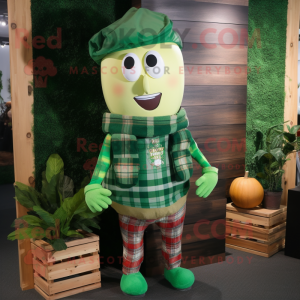 Green Zucchini mascot costume character dressed with a Flannel Shirt and Berets