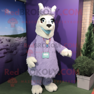 Lavender Llama mascot costume character dressed with a Dress Shirt and Shoe clips